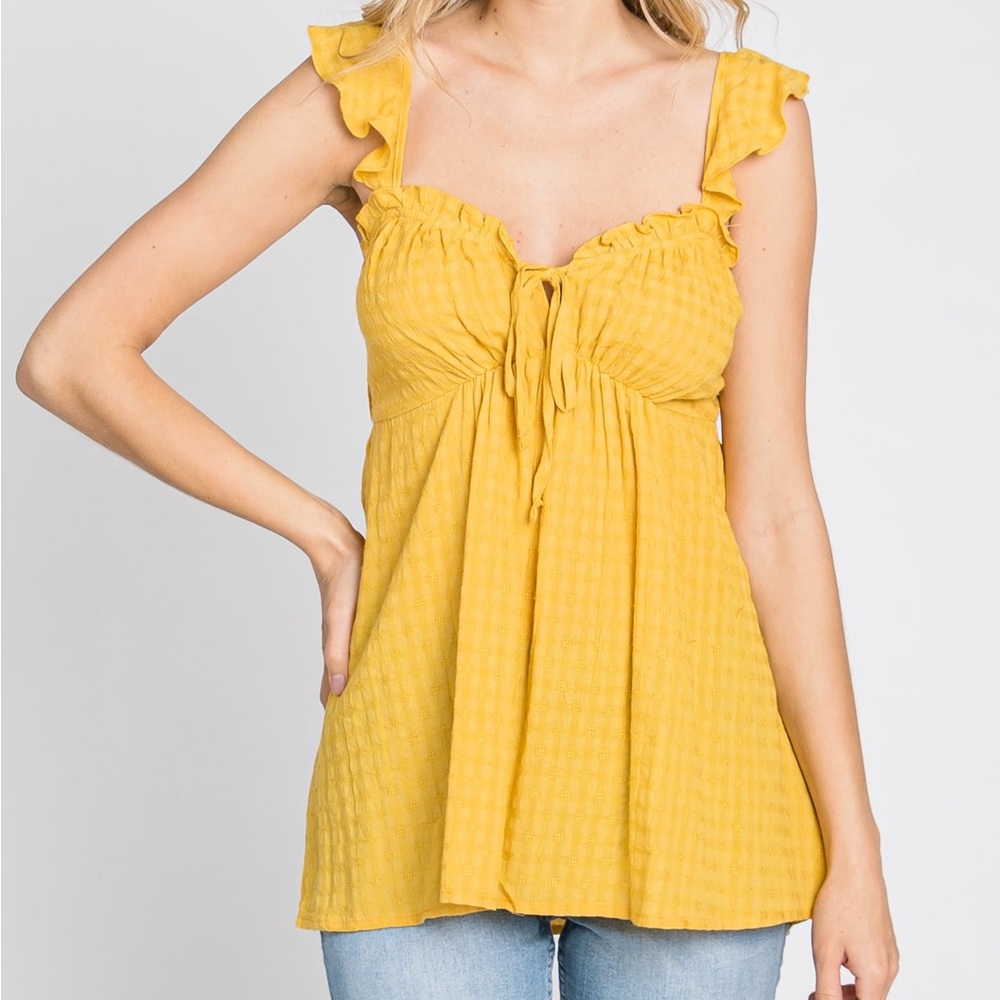 Umgee Yellow Plaid Pattern Sweetheart Neck Front Tie Top